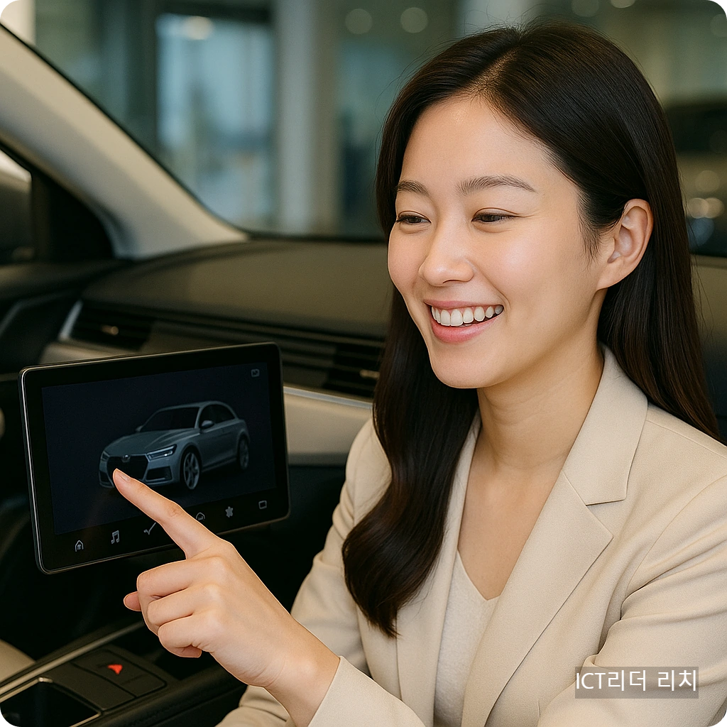 외제차 인포테인먼트 UI를 터치하며 웃는 20대 여성 모델