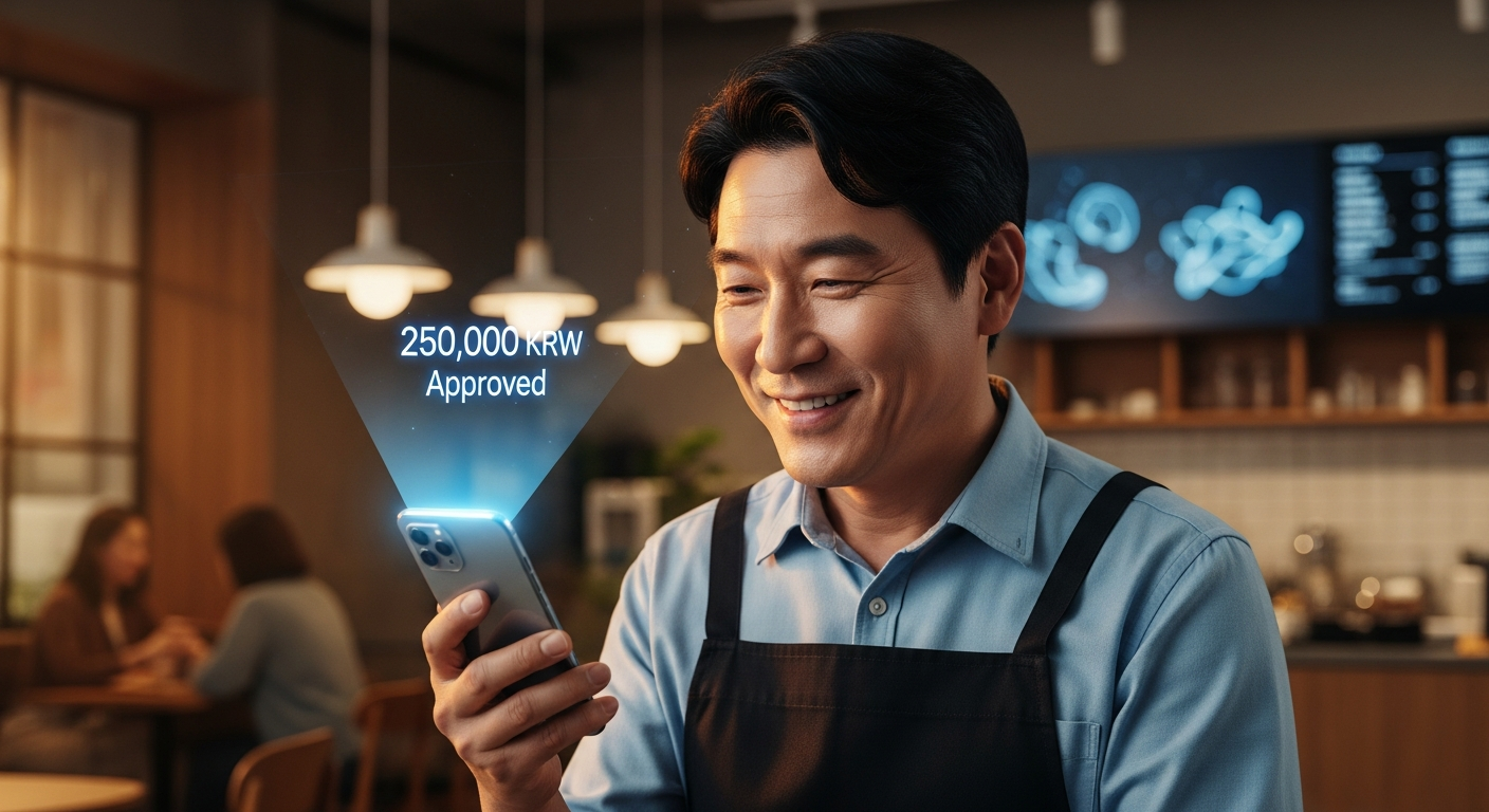 검은 머리의 중년 한국인 남성 카페 사장님이 스마트폰을 들고 안도하며 웃고 있는 모습, 스마트폰 위로 '25만 원 승인'이라는 홀로그램 문구가 떠 있음. 배경은 아늑한 현대식 카페 내부. 2026년 미래적인 느낌.