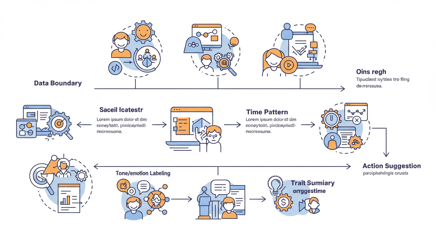 데이터 선택&rarr;민감정보 필터&rarr;감정&middot;톤 라벨&rarr;시간대 패턴&rarr;성향 요약&rarr;행동 제안&rarr;주간 리포트로 이어지는 성격 리포트 워크플로 다이어그램