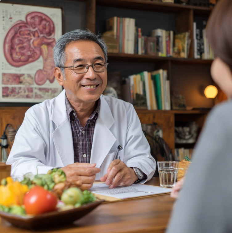 의사와 채소 음식의 좋은점을 상담하는 여성