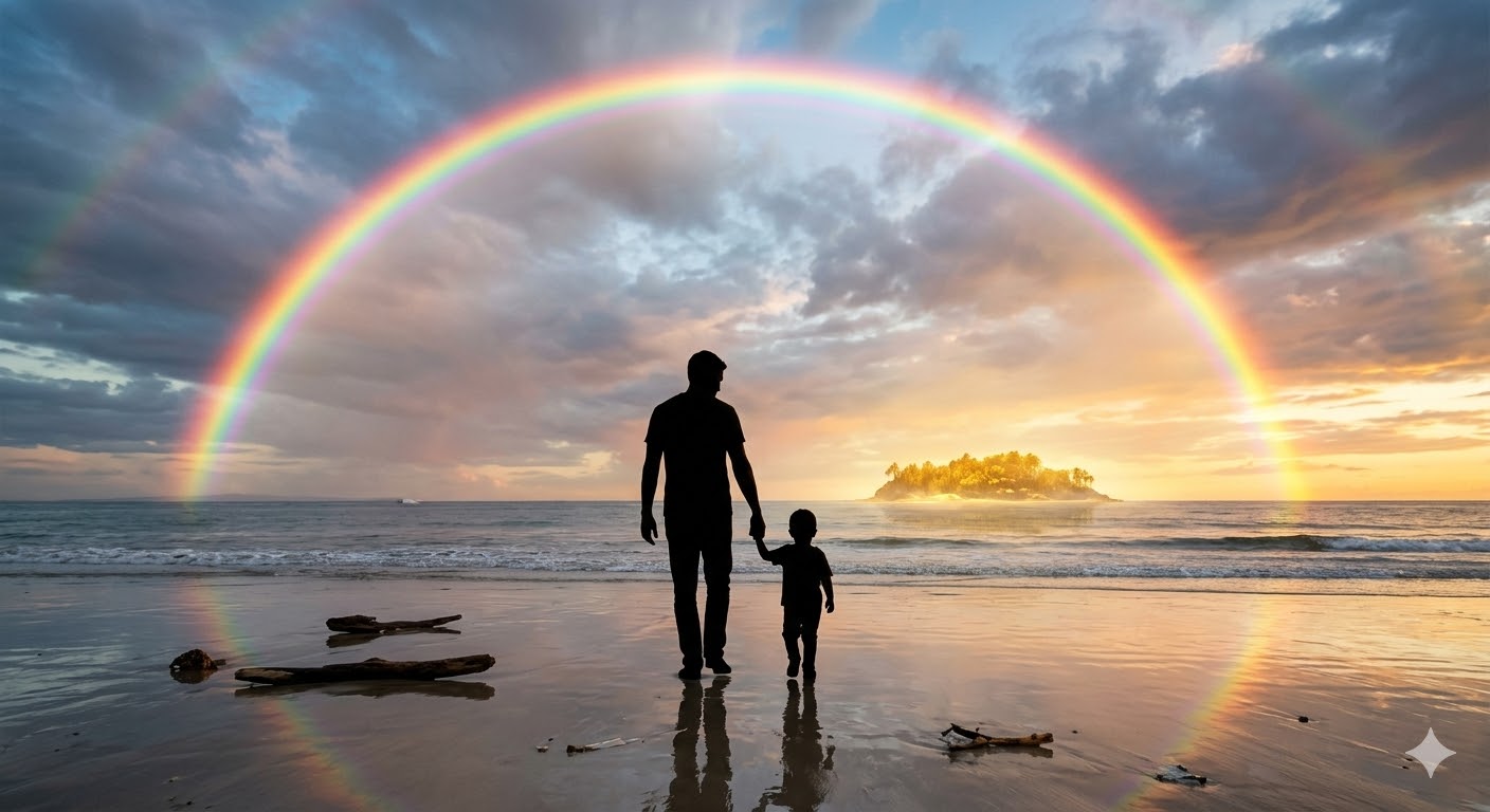 거친 파도가 지나간 뒤 수평선 너머로 무지개가 뜬 평화로운 바다. 아빠가 아이의 손을 잡고 보물섬을 향해 든든하게 서 있는 뒷모습 실루엣