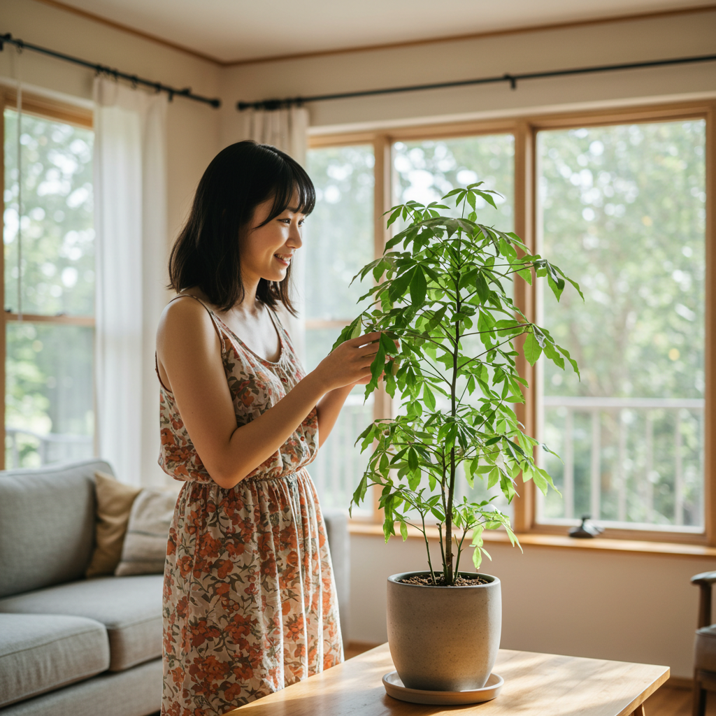 집안에서 해피트리를 반려식물로 기르고 있는 여성