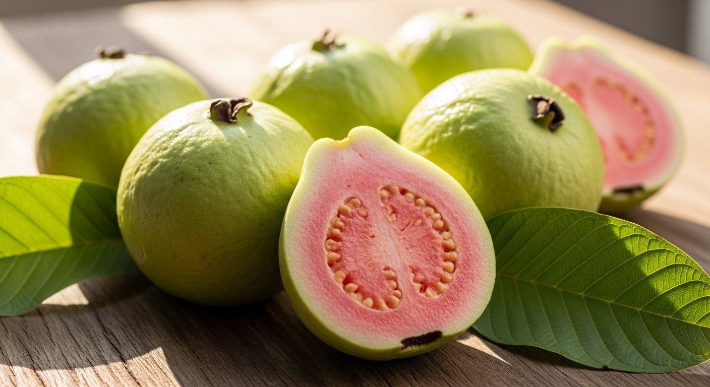 잘 익은 핑크 구아바 과육과 통구아바가 햇빛 아래 놓여 있는 모습