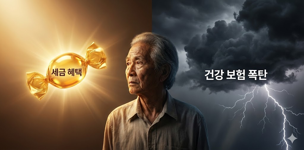 퇴직금 봉투를 든 은퇴자 뒤로 '세금 감면'이라는 달콤한 사탕과 '건보료 폭탄'이라는 거대한 그림자가 대비되는 긴장감 있는 이미지