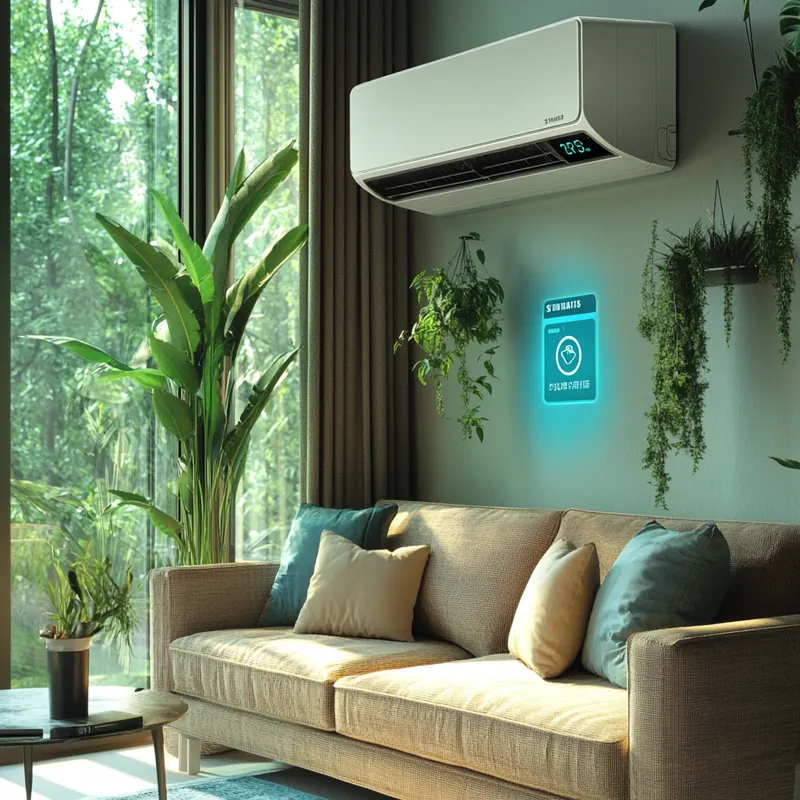 삼성 에어컨 사용자 인터페이스에 표시된 세척 알림, 현대적이고 포근한 실내 공간을 배경으로 합니다. 세척 알림, 필터 관리, 사용자 편의.