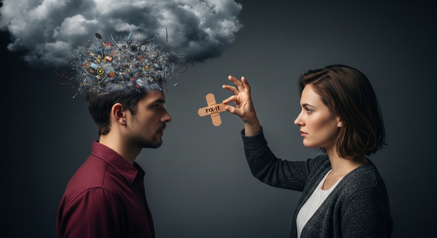 상대방의 복잡한 감정(먹구름)을 무시하고 성급하게 반창고를 붙여주려는 모습.