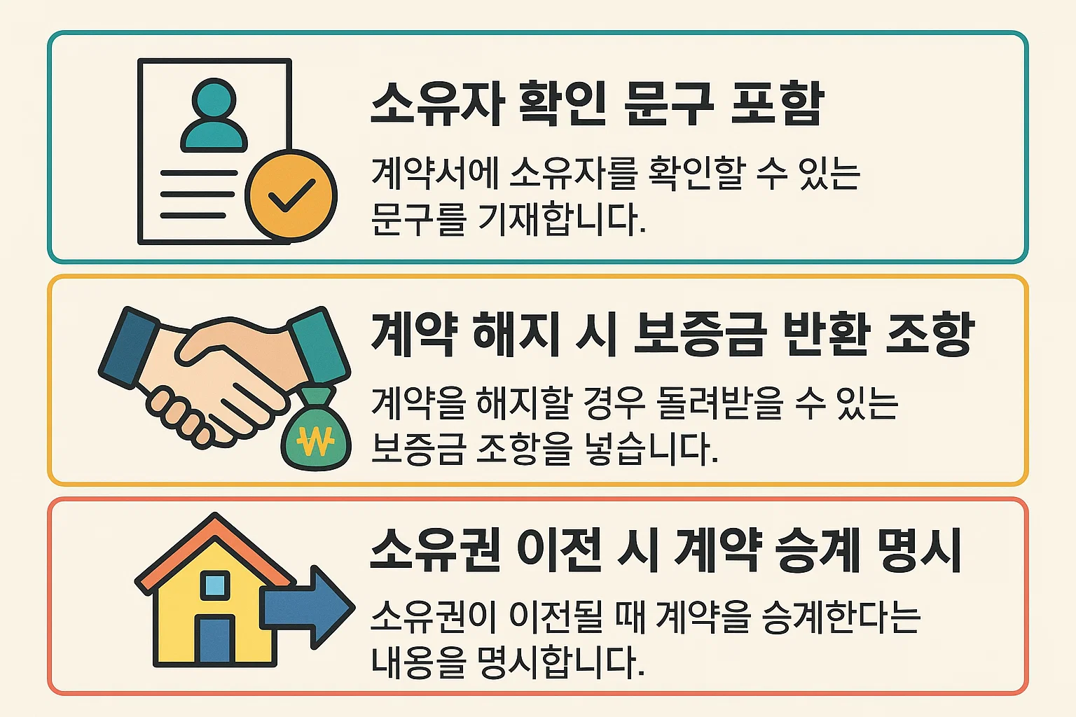 소유자 확인 문구 포함, 계약 해지 시 보증금 반환 조항, 소유권 이전 시 계약 승계 명시 등 전세계약서 작성 시 꼭 포함해야 할 문구를 정리한 인포그래픽.