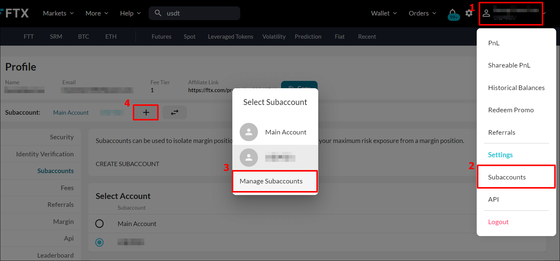 FTX 사이트에서 서브계정을 만드는 과정을 설명하는 사진