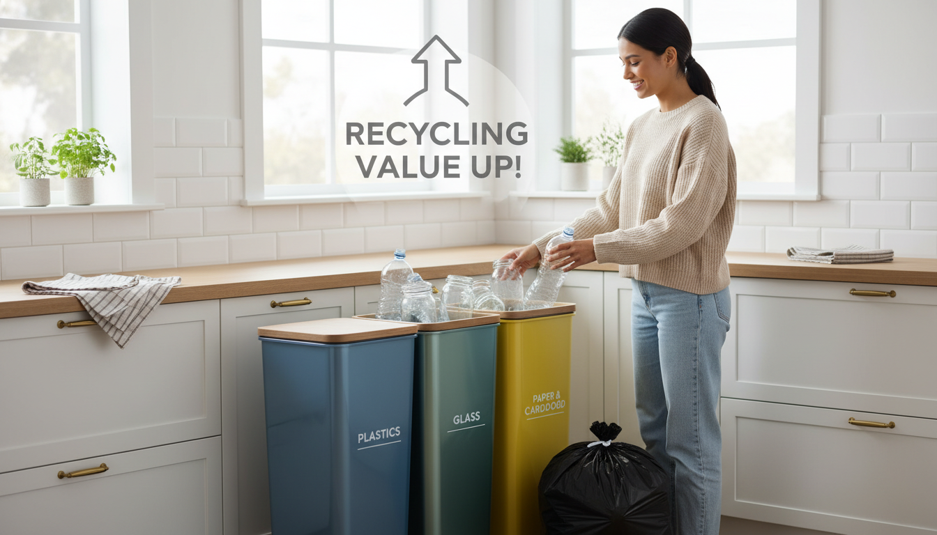 2026년 종량제봉투 가격 인상에 대비해 밝은 표정으로 분리수거를 실천하는 모습