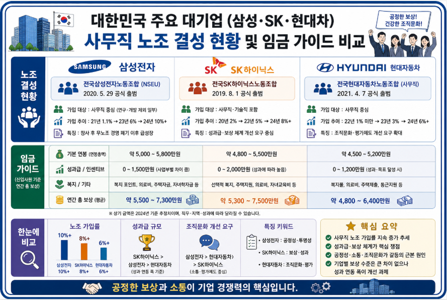 대한민국 주요 대기업(삼성&middot;SK&middot;현대차) 사무직 노조 결성 현황 및 임금 가이드 비교