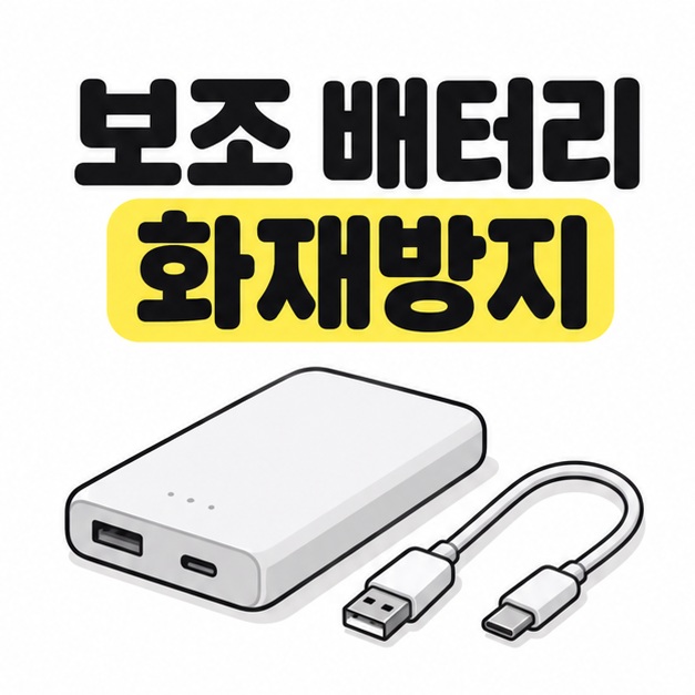 보조 배터리 화재방지라는 제목 아래 흰색 보조 배터리와 분리된 충전 케이블이 놓인 모습