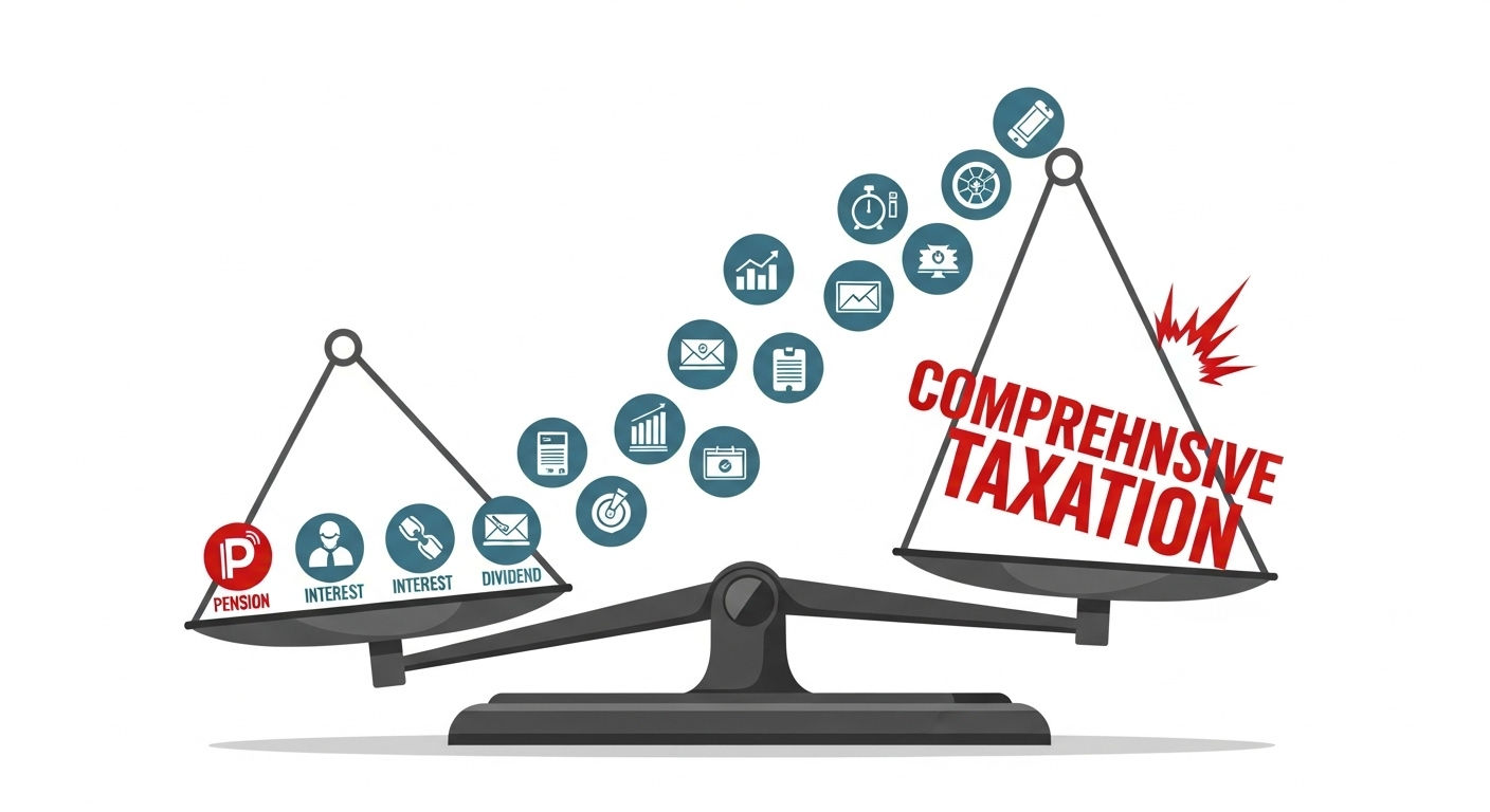 소득 항목(연금, 이자, 배당)이 저울에 올려져 있고, 특정 기준을 넘어서자 저울이 기울며 '종합과세'라는 붉은색 글자가 나타나는 다이어그램