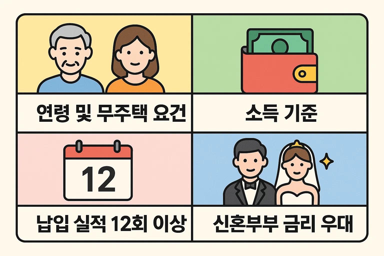 연령 및 무주택 조건, 소득 기준, 납입 실적 12회 이상, 신혼부부 금리 우대 등 대출 신청에 필요한 자격요건을 정리한 인포그래픽. 청년 및 신혼부부 대상 우대 조건 포함.