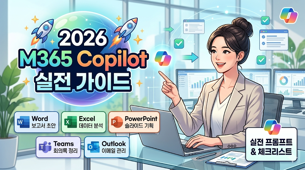 한 여성 직장인이 '2026 M365 Copilot 실전 가이드'라고 적힌 대형 화면을 가리키며 Word, Excel, PPT, Teams, Outlook 등 5대 오피스 프로그램의 AI 활용법과 실전 프롬프트를 요약한 스마트한 인포그래픽 썸네일입니다.