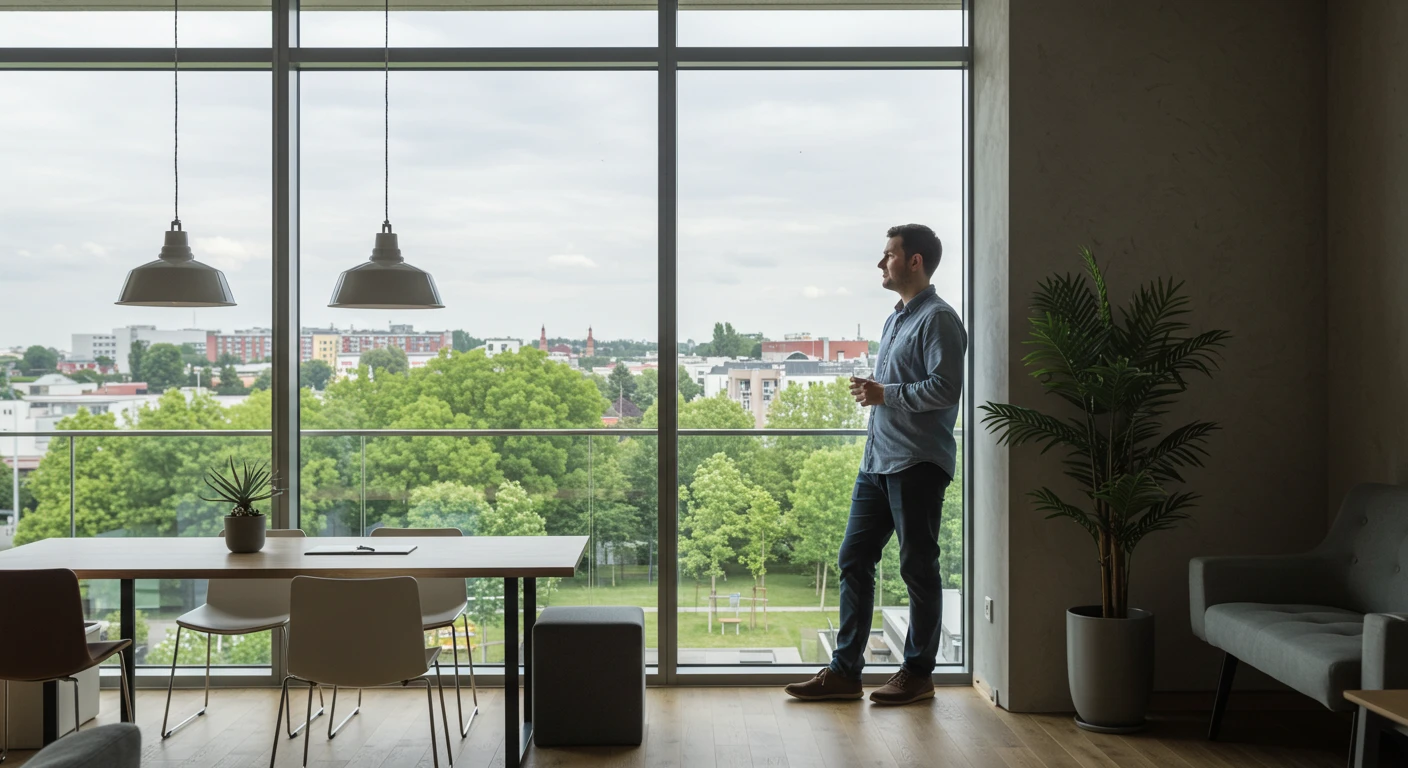 CEO 휴식법 중 하나인 '네이처 필'을 실천하며, 사무실 창가에서 창밖의 녹색 풍경을 보며 평온하게 재충전하고 있는 남성의 모습.