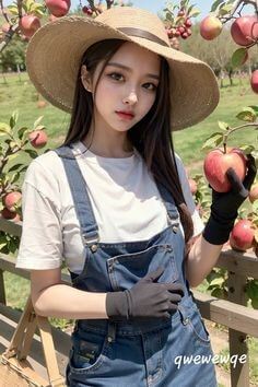 챙이-넓은-모자를-쓰고-도시스러운-여성이-사과를-따고있는-모습