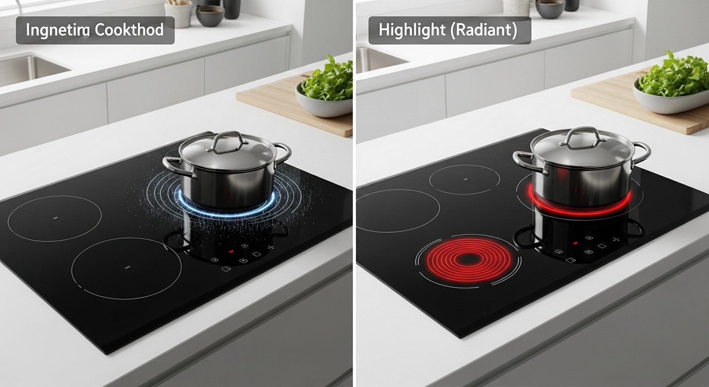 인덕션과 하이라이트 전기레인지의 작동 방식과 외형을 비교하는 이미지. 인덕션은 용기만 가열되는 모습을, 하이라이트는 상판 열선이 붉게 달아오르는 모습을 보여줌.