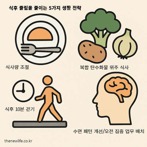식후 졸림을 줄이는 생활 전략 5가지 &ndash; 식사량 조절, 복합 탄수화물 섭취, 식후 걷기, 수면 패턴 개선, 오전 집중 업무 배치