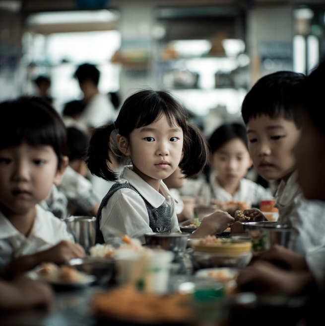 점심을 먹고있는 아이의 모습