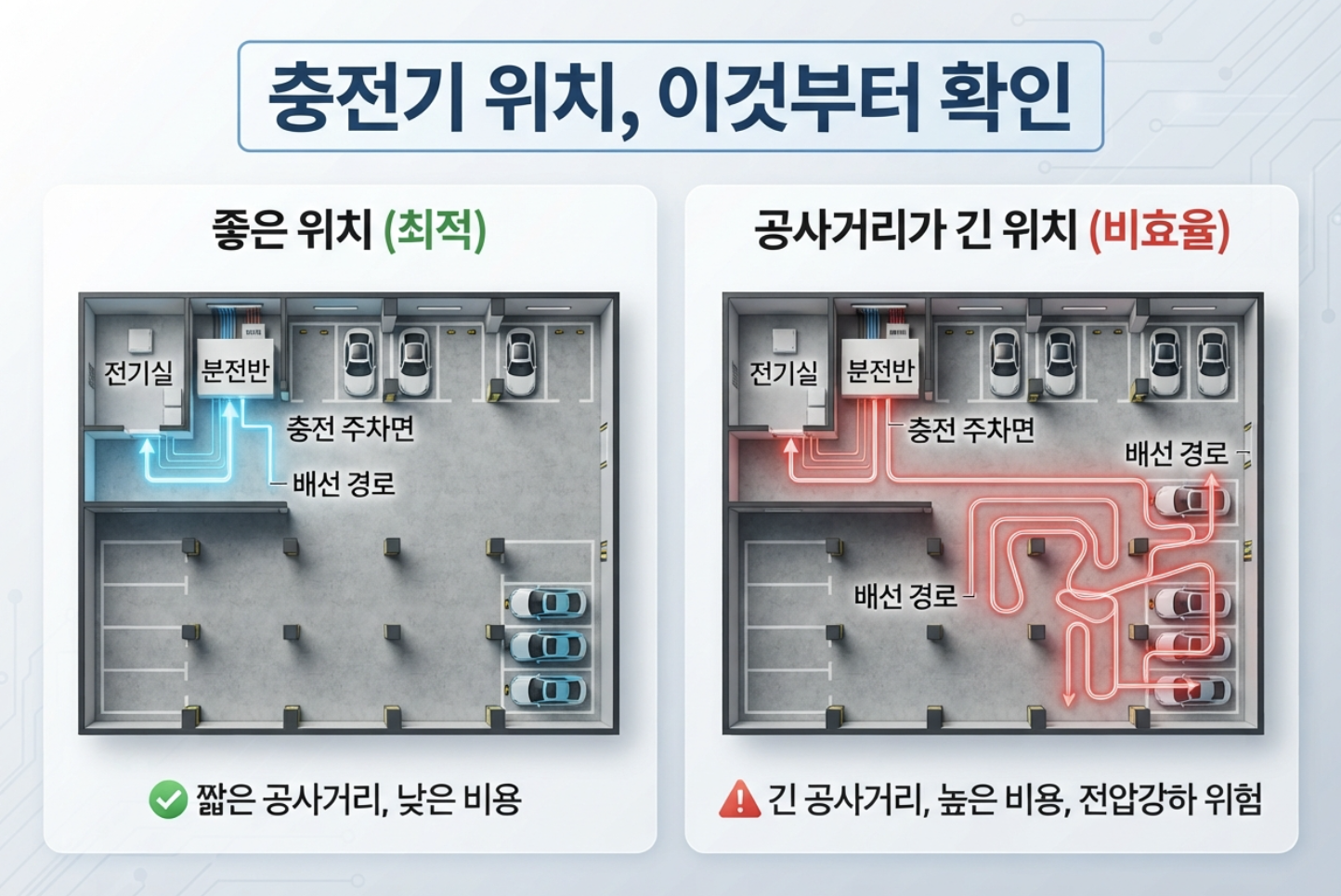 아파트 전기차 충전기 설치 위치를 전기실 거리와 차량 동선 기준으로 비교한 이미지