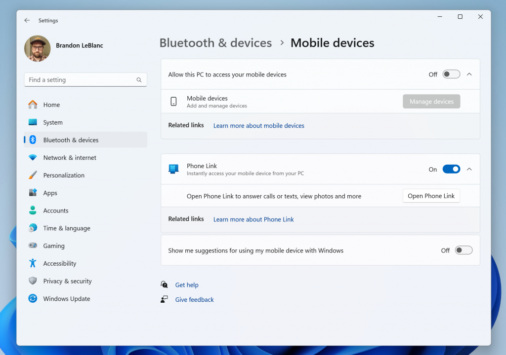 The Phone Link settings page is being renamed to Mobile devices.