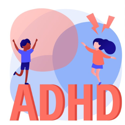 adhd 글자 위 뛰어노는 아이들을 나타낸 일러스트