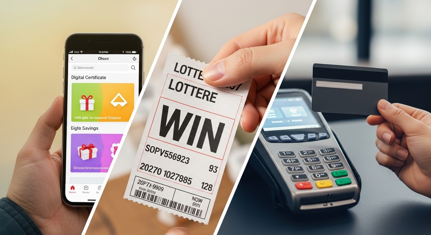 상생 소비 복권, 신용카드 할인, 상품권 사용 등 다양한 결제 수단과 혜택이 중첩되어 시너지 효과를 내는 모습을 표현한 복합 이미지