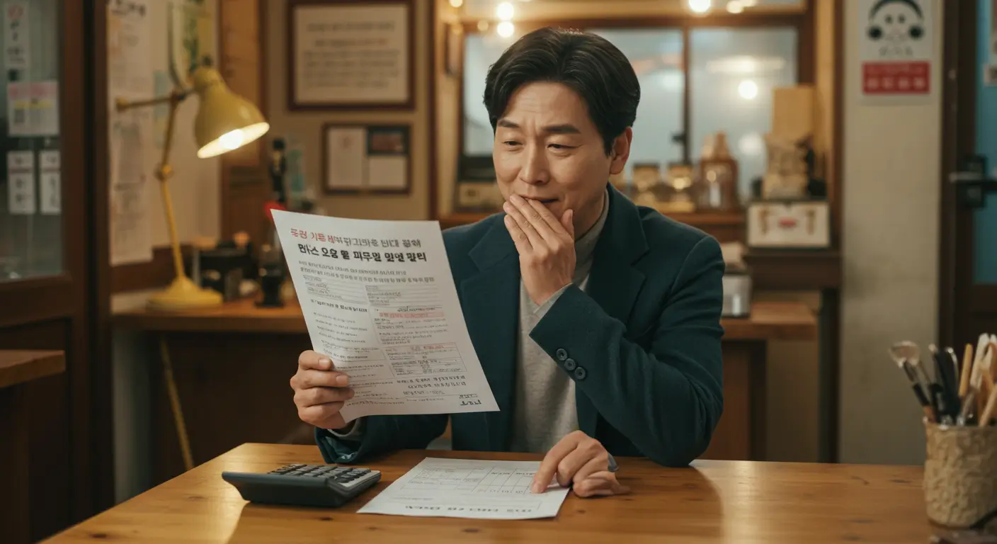 한 개인사업자 사장님이 자신의 가게에서 매출 장부와 건강보험료 고지서를 비교하며, 지원금 자격이 된다는 사실에 안도하는 모습