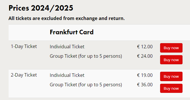 프랑크프루트 카드 가격