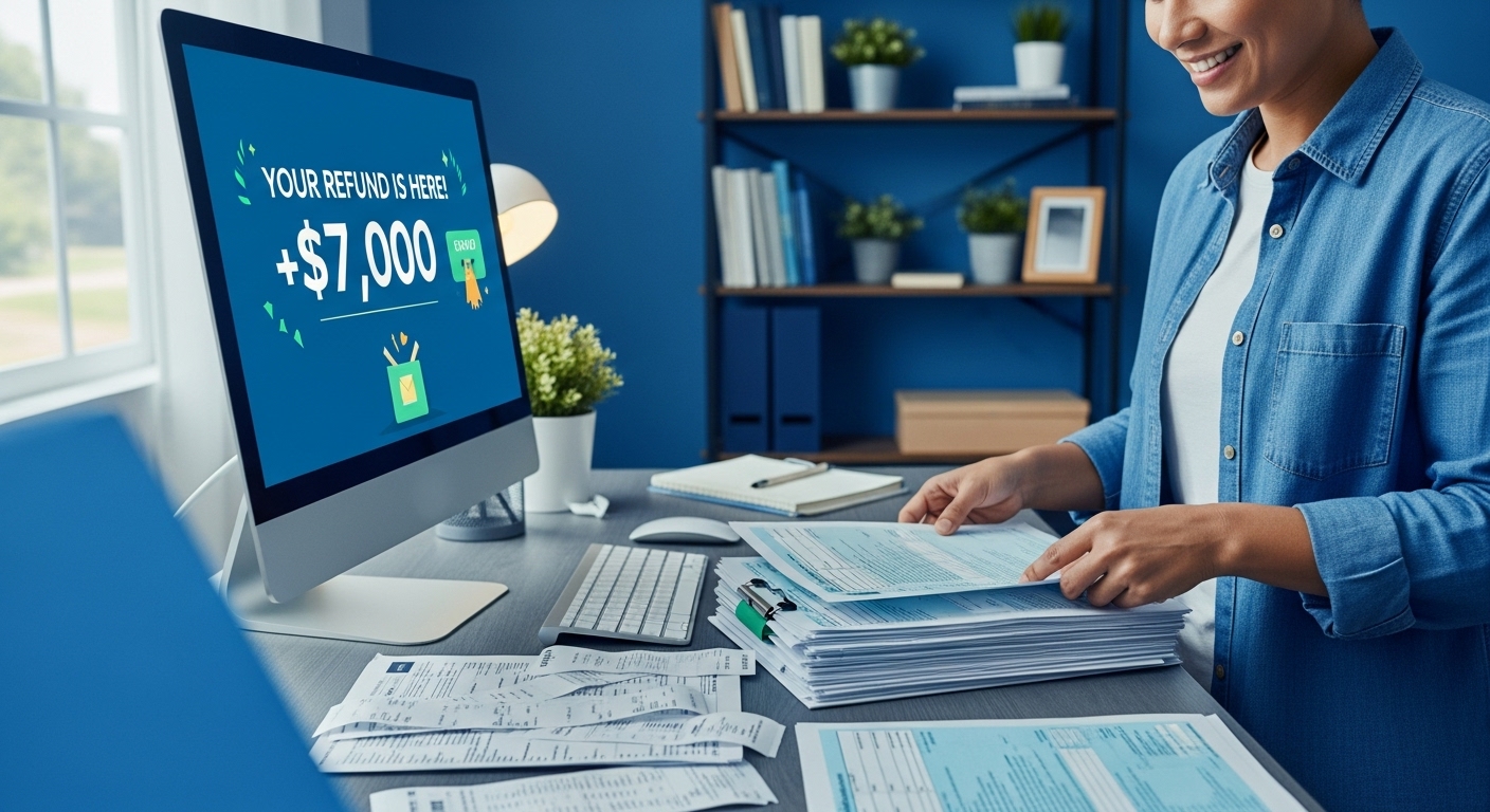 책상에 앉아 영수증과 서류를 정리하며 연말정산 환급금을 확인하는 행복한 사람의 모습