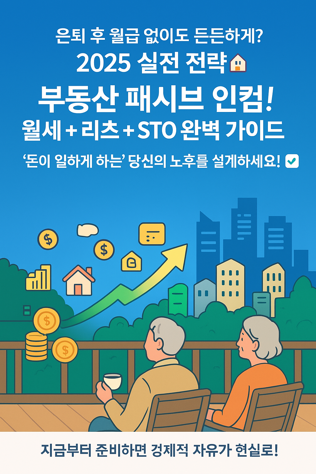 여유롭게 휴식하는 노년의 모습과 현대적인 건물들이 배경으로 대비되고, 건물들에서 상승하는 돈 흐름이 노년의 모습으로 이어지는 이미지. '2025', '부동산 패시브 인컴', '은퇴 후 월세 수익', 'REITs', 'STO 조각투자', '경제적 자유', '부동산 투자 전략', '노후 준비' 등의 문구가 강조되어, 부동산을 통한 안정적인 현금 흐름으로 풍요로운 은퇴 생활을 준비하는 방법을 시각적으로 표현함.