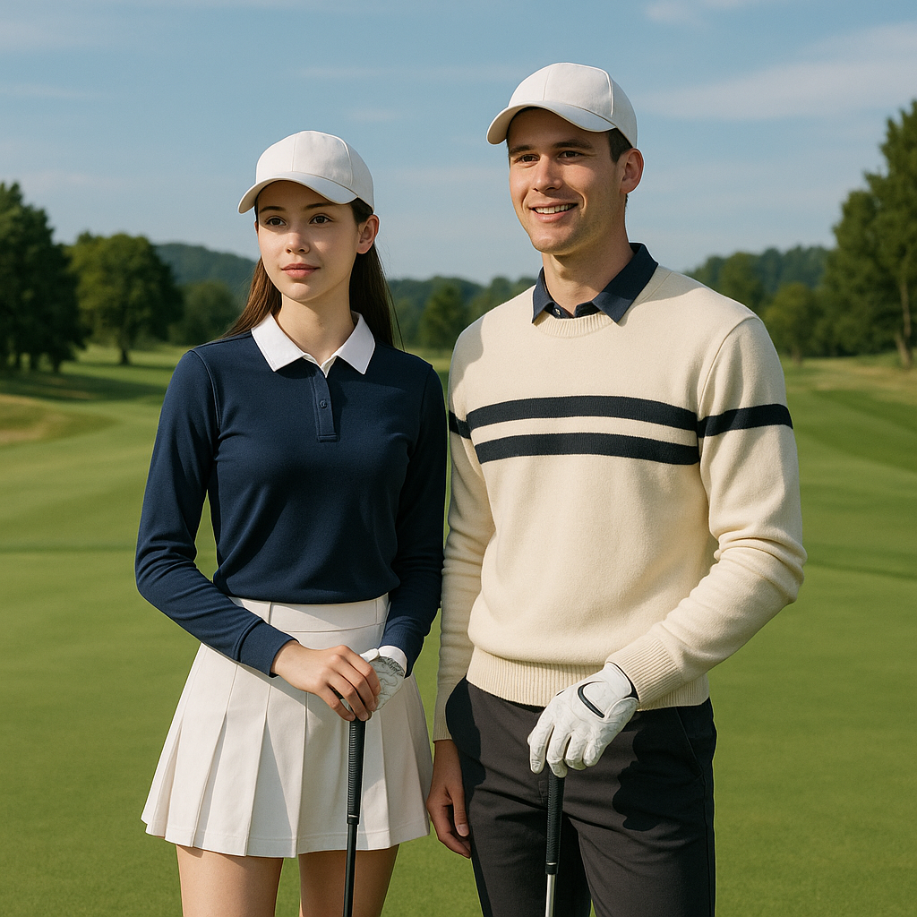 골프 복 입고 필드 위에 서 있는 남 여 이미지