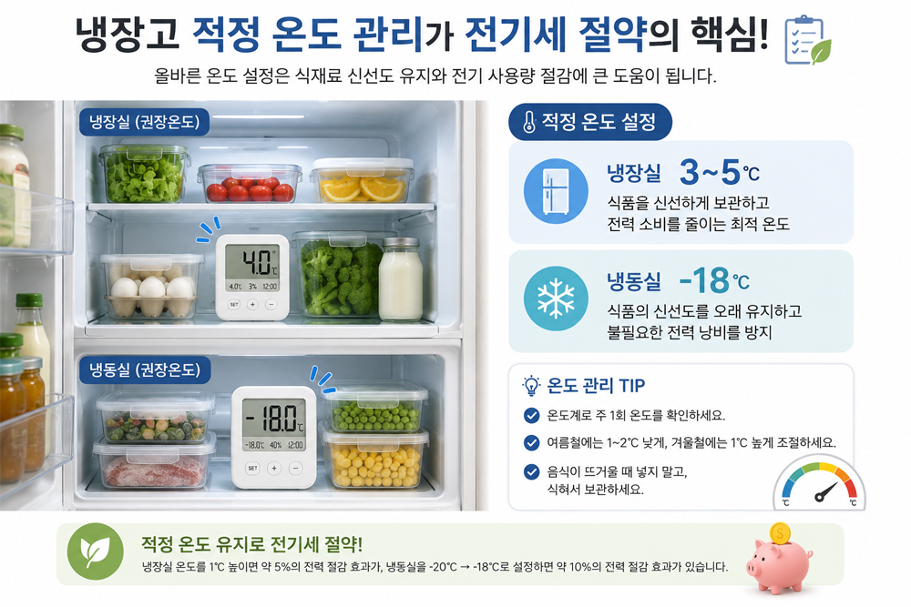 냉장고 적정온도와 전기세 절약 방법을 설명하는 이미지. 냉장실 3~5℃, 냉동실 -18℃ 권장 온도와 디지털 온도계를 활용한 냉장고 온도 관리, 식품 신선도 유지, 전력 소비 절약 방법을 보여주는 인포그래픽.
