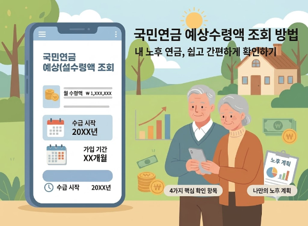 스마트폰 화면으로 국민연금 예상수령액을 조회하는 모습을 담은 부부의 일러스트 이미지