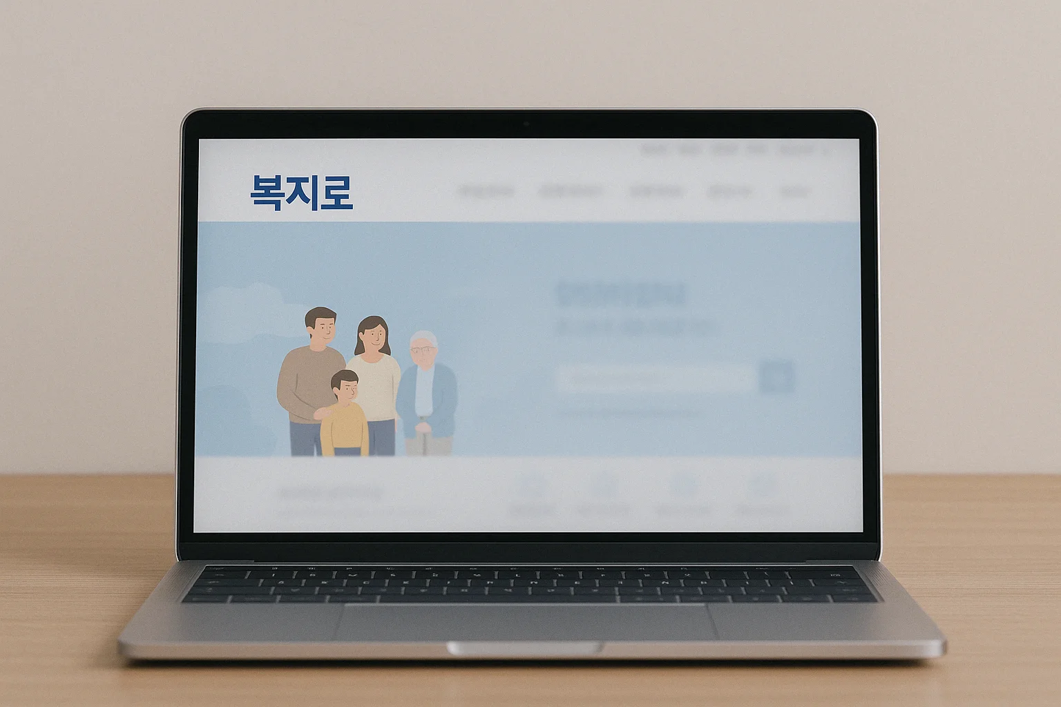 복지로 사이트를 통해 정부 생계비 지원 신청 자격을 조회하는 장면을 연출한 노트북 화면