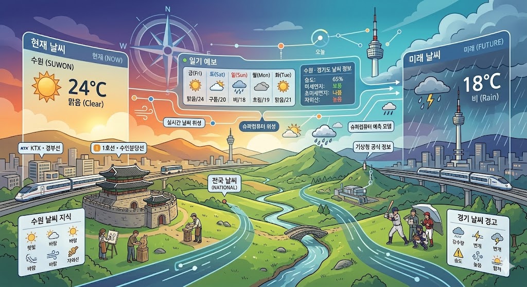 수원 지역 날씨 예보와 기상 정보를 보여주는 인포그래픽