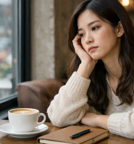 설명하고 싶지 않아 혼자 카페에서 커피를 마시는 여자