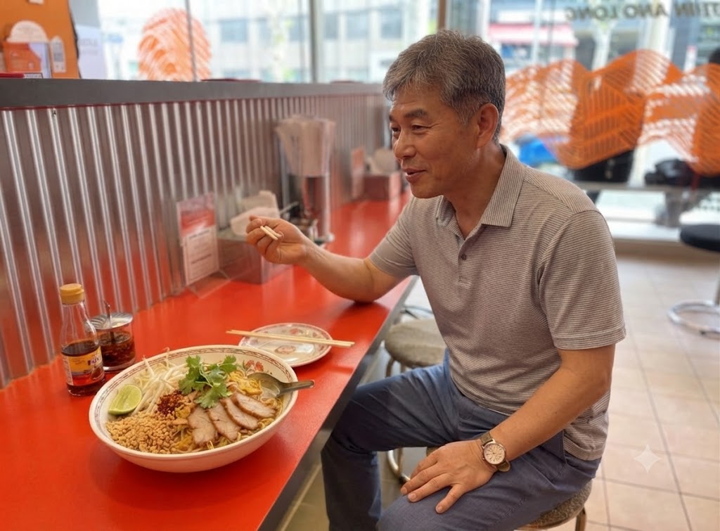 찜질방 사우나에서 편안한 휴식을 취한 후에 혼밥을 즐기는 남성