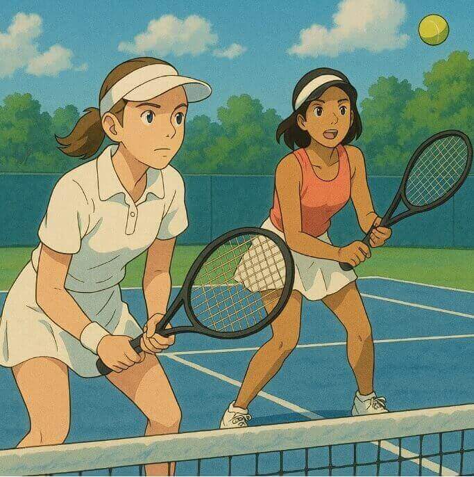 마르티나 힝기스가 복식 게임하는 지브리스타일 그림