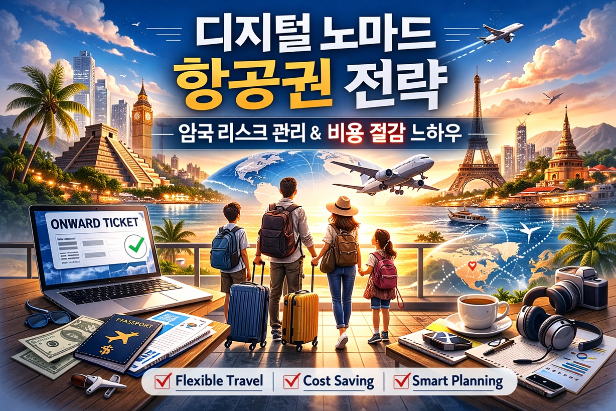 디지털 노마드 가족이 항공권 전략과 온워드 티켓을 준비하며 비용 절감과 입국 리스크 관리를 고려하는 장면
