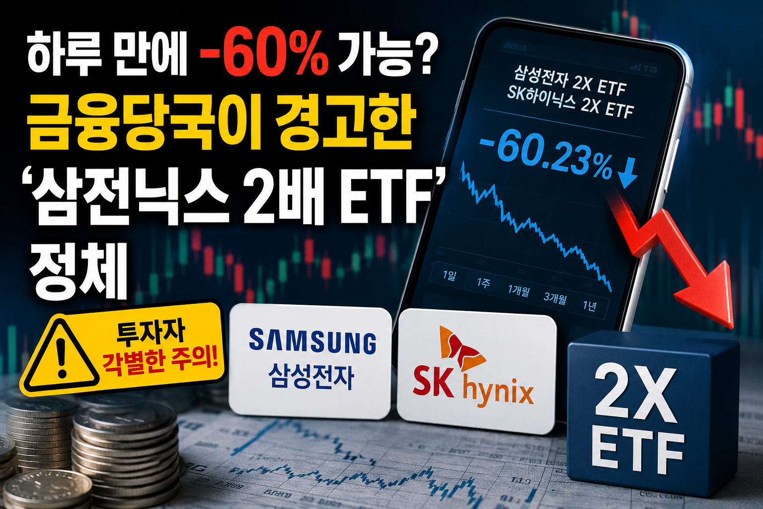 하루 만에 60% 손실 가능성이 거론되는 삼전닉스 2배 ETF와 금융당국 경고 내용을 설명하는 대표 이미지