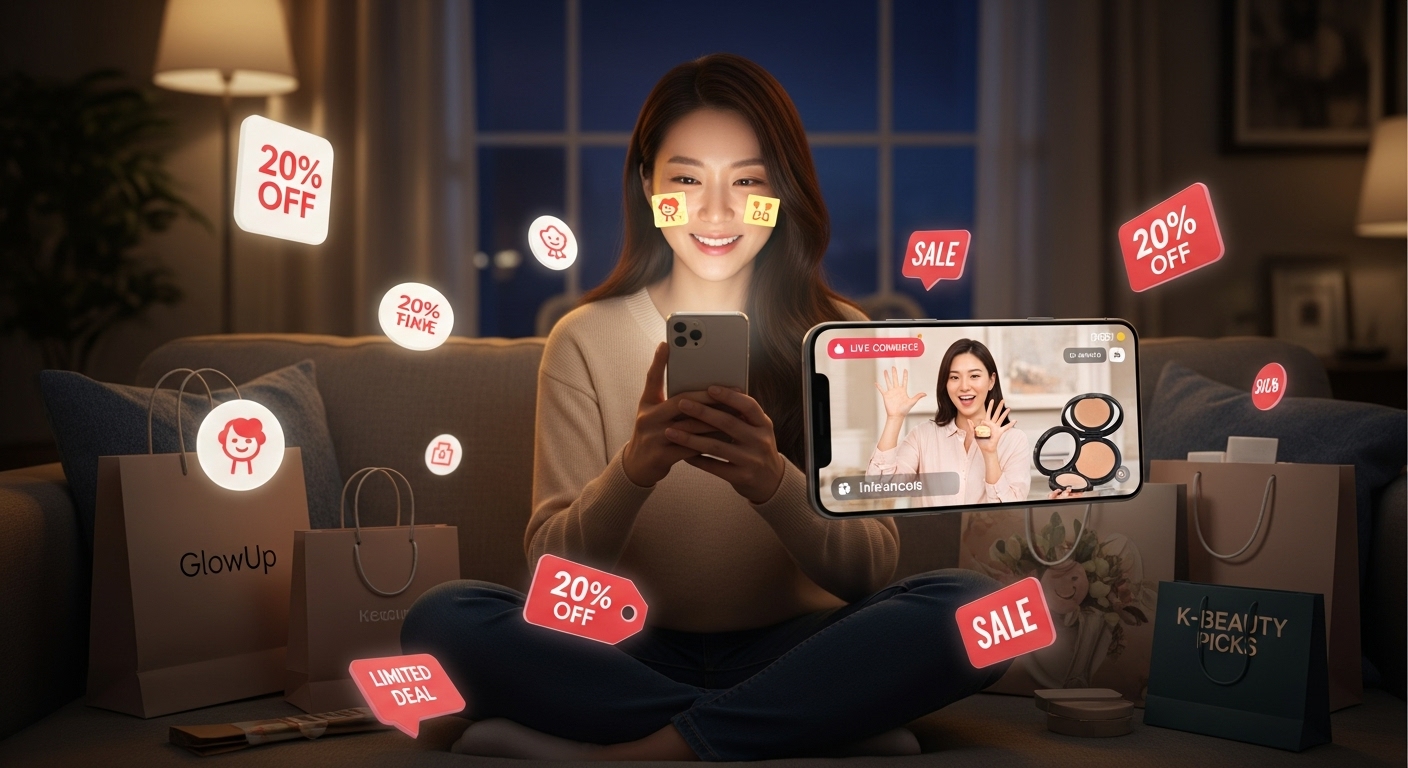 모바일로 라이브커머스를 시청하며 쇼핑을 즐기는 한국 여성의 디지털 일러스트. 쇼파에 앉아 미소 짓는 여성과 함께, 화면 속 인기 인플루언서가 제품을 소개하고 있다.