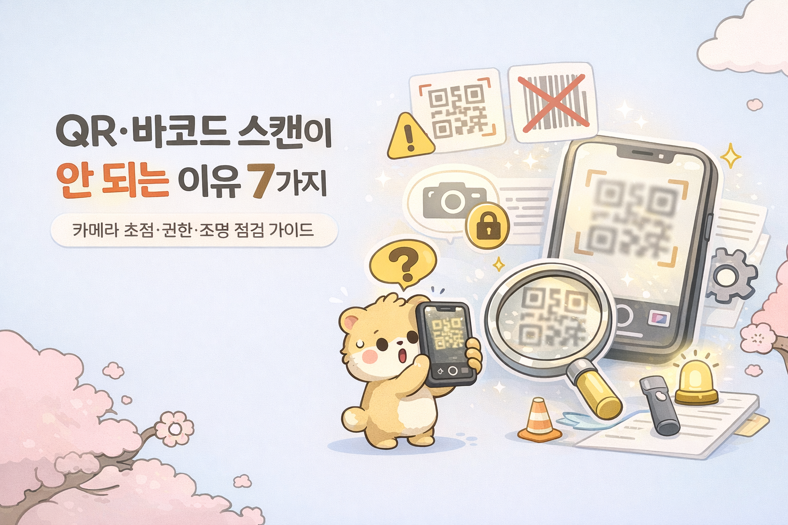 QR 코드와 바코드가 인식되지 않는 원인을 설명하는 햄스터 캐릭터 중심의 안내형 일러스트 썸네일