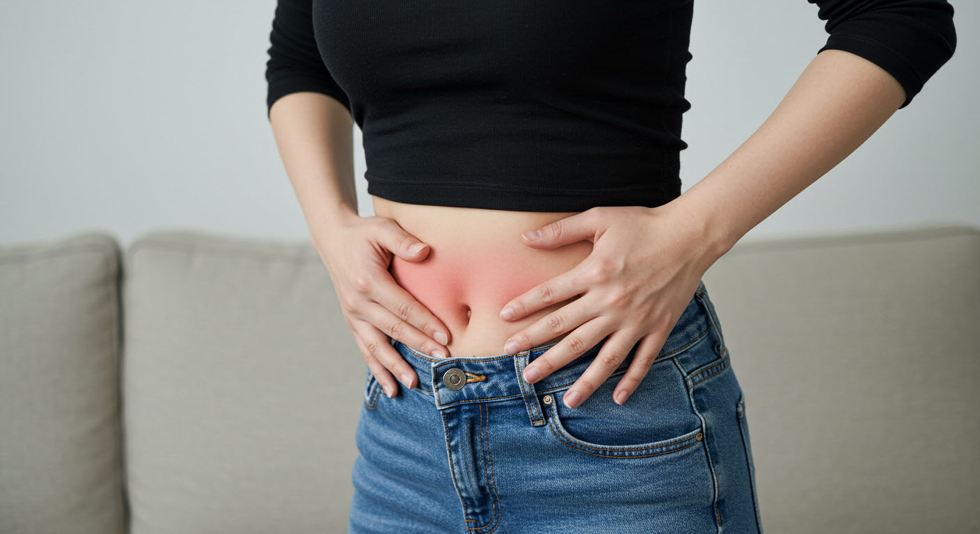 여성이 배를 만지고 있어 복통이 이 있어 아파하는모습