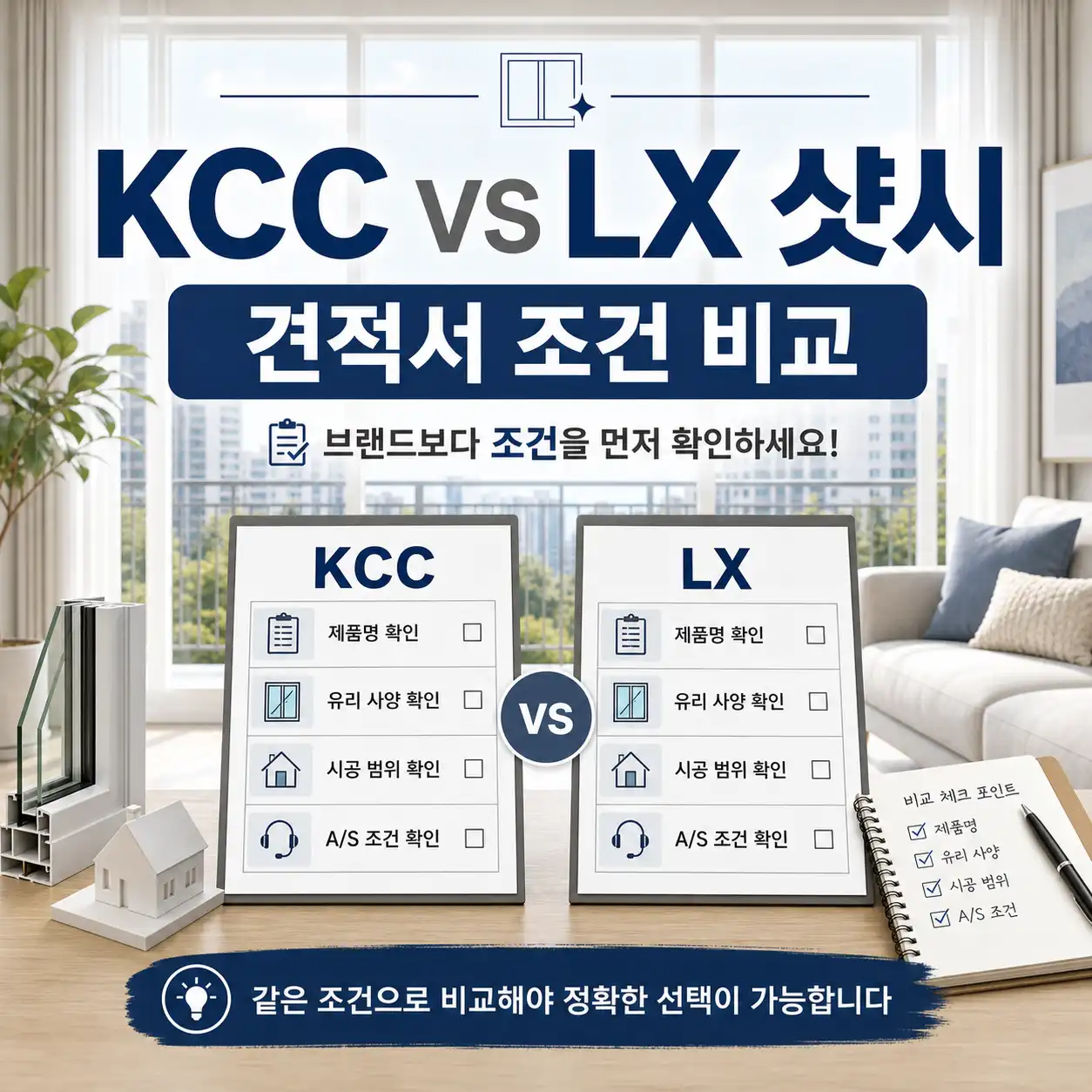 샷시 교체 시 KCC와 LX 창호의 견적, 유리 사양, A/S 조건을 비교하는 안내 이미지