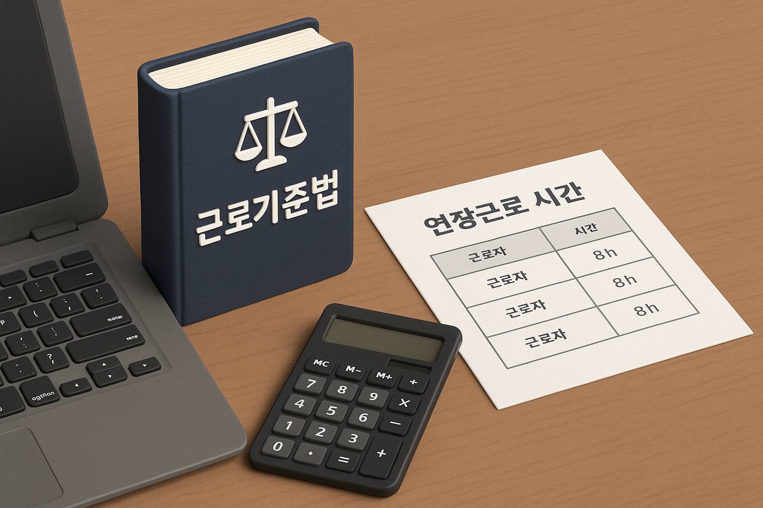근로기준법 책자와 연장근로 시간표, 노트북, 계산기가 책상 위에 정돈된 3D 일러스트. 법정 근무시간과 연장근로 수당 계산의 중요성을 시각적으로 표현함.
