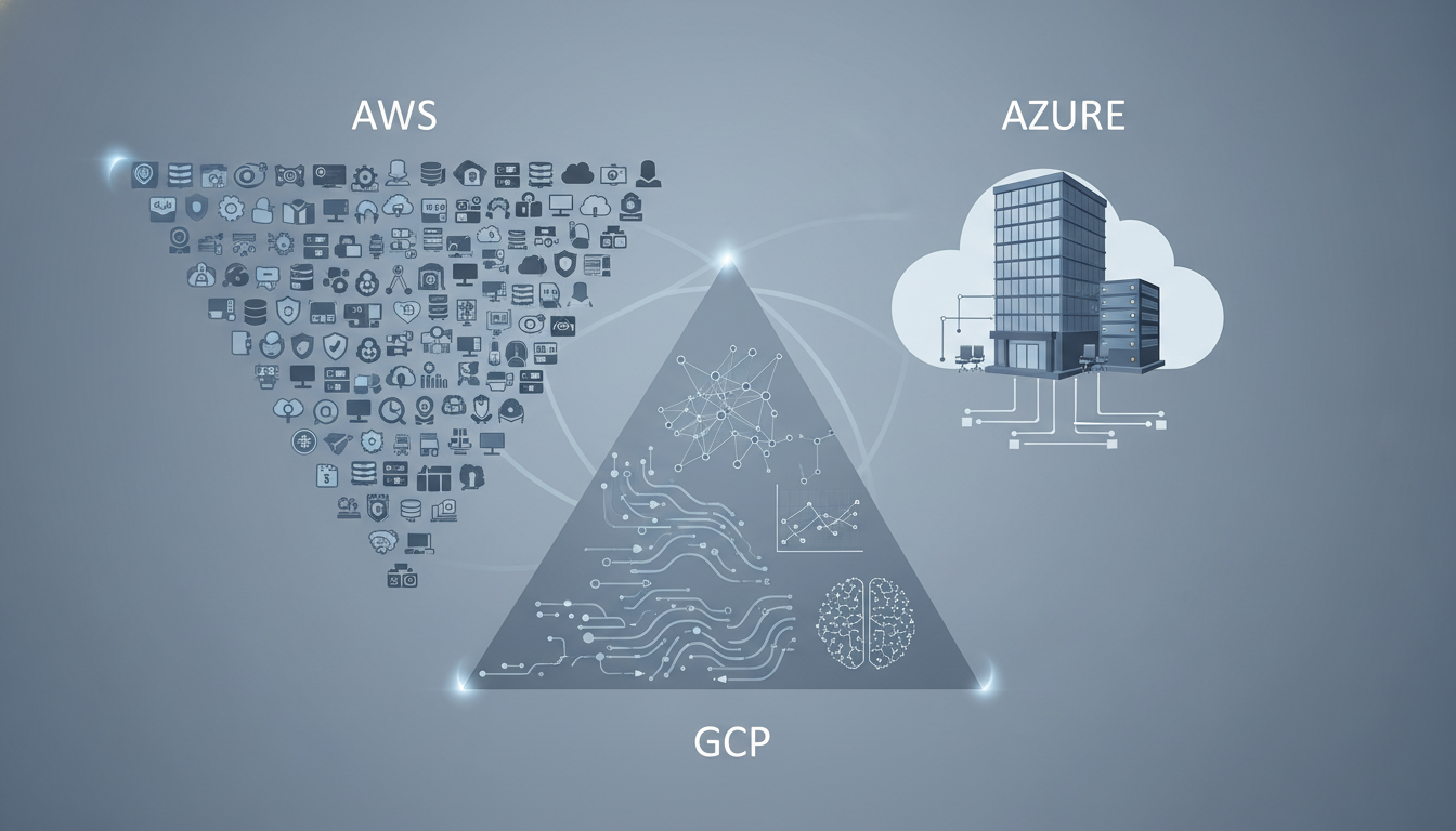 AWS, Azure, GCP 세 주요 클라우드 플랫폼의 특징과 강점을 한눈에 비교할 수 있도록 시각화한 이미지. 각 플랫폼의 핵심 요소들이 명확하게 구분되어 있음.