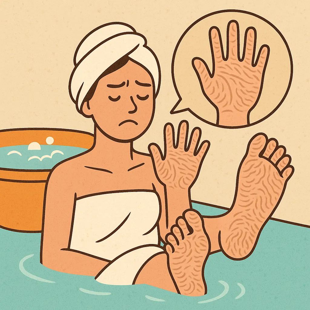 목욕 후 쭈글쭈글해진 손과 발을 살펴보는 여성의 일러스트