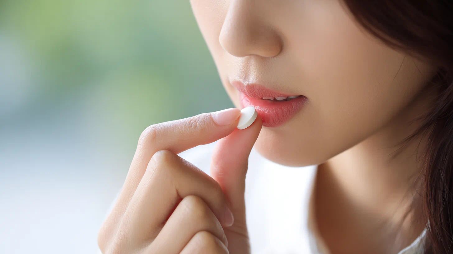 물과 함께 알약을 복용하는 한국인 이미지