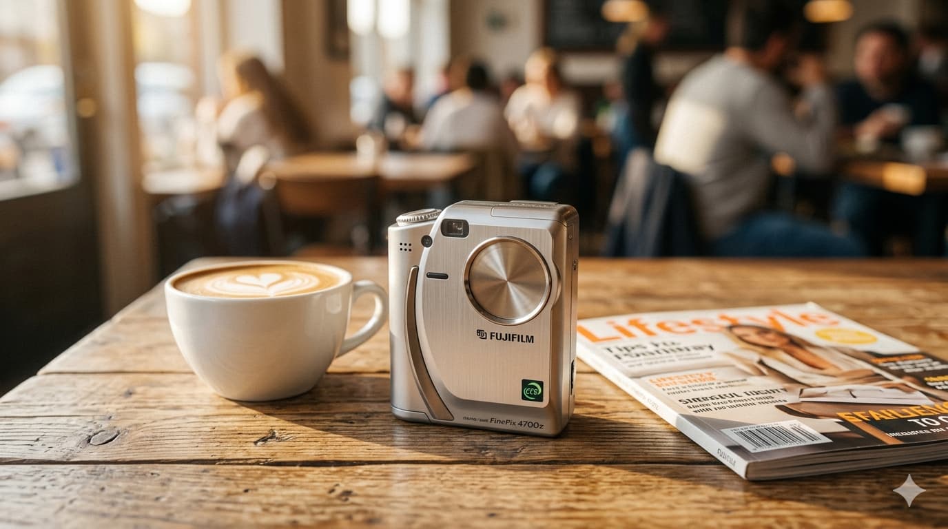 원목 테이블 위 커피 잔과 잡지 옆에 놓인 빈티지 디카 후지필름 파인픽스 4700z 모델의 라이프스타일 촬영 사진. Y2K 감성의 은색 금속 카메라 바디가 자연광에 반사되는 모습.